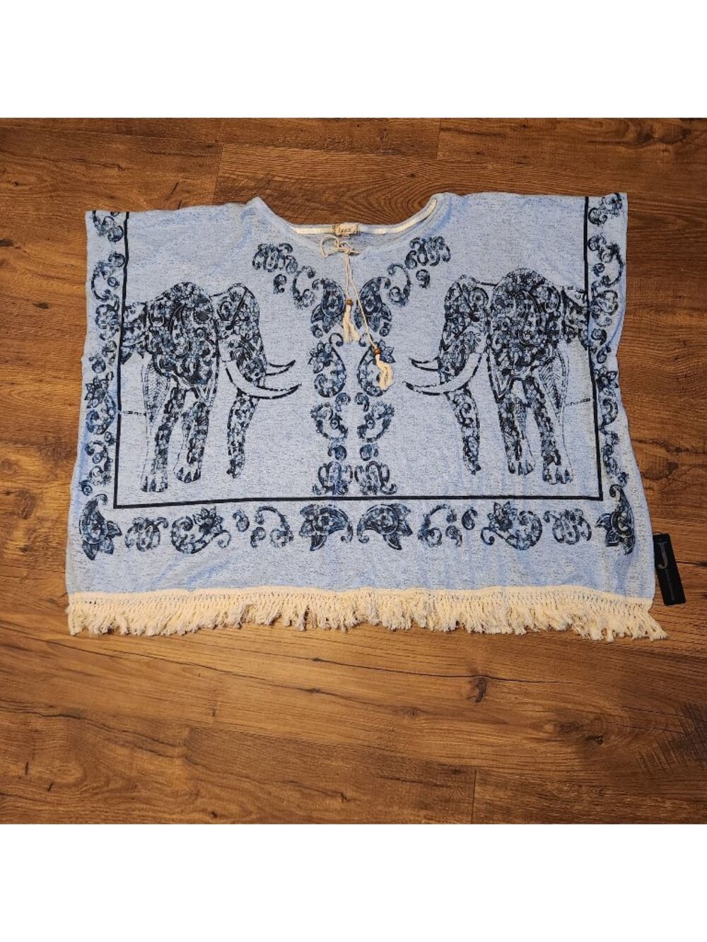 Blue Elephant Print Kaftan Top With Tassel Tie Neck & Fringe Hem